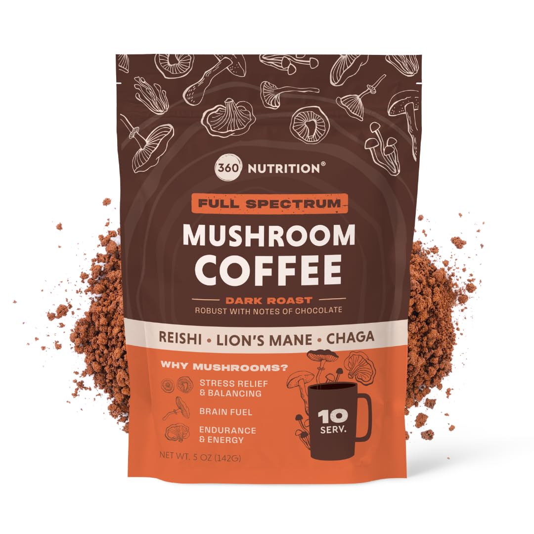 360 Nutrition instant mushroom coffee packaging indicates a bold, focused morning ritual.