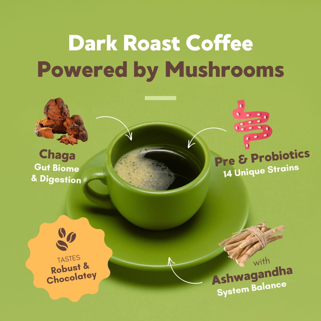 360 Nutrition Instant Mushroom Coffee packaging image highlights convenient single-serve prep