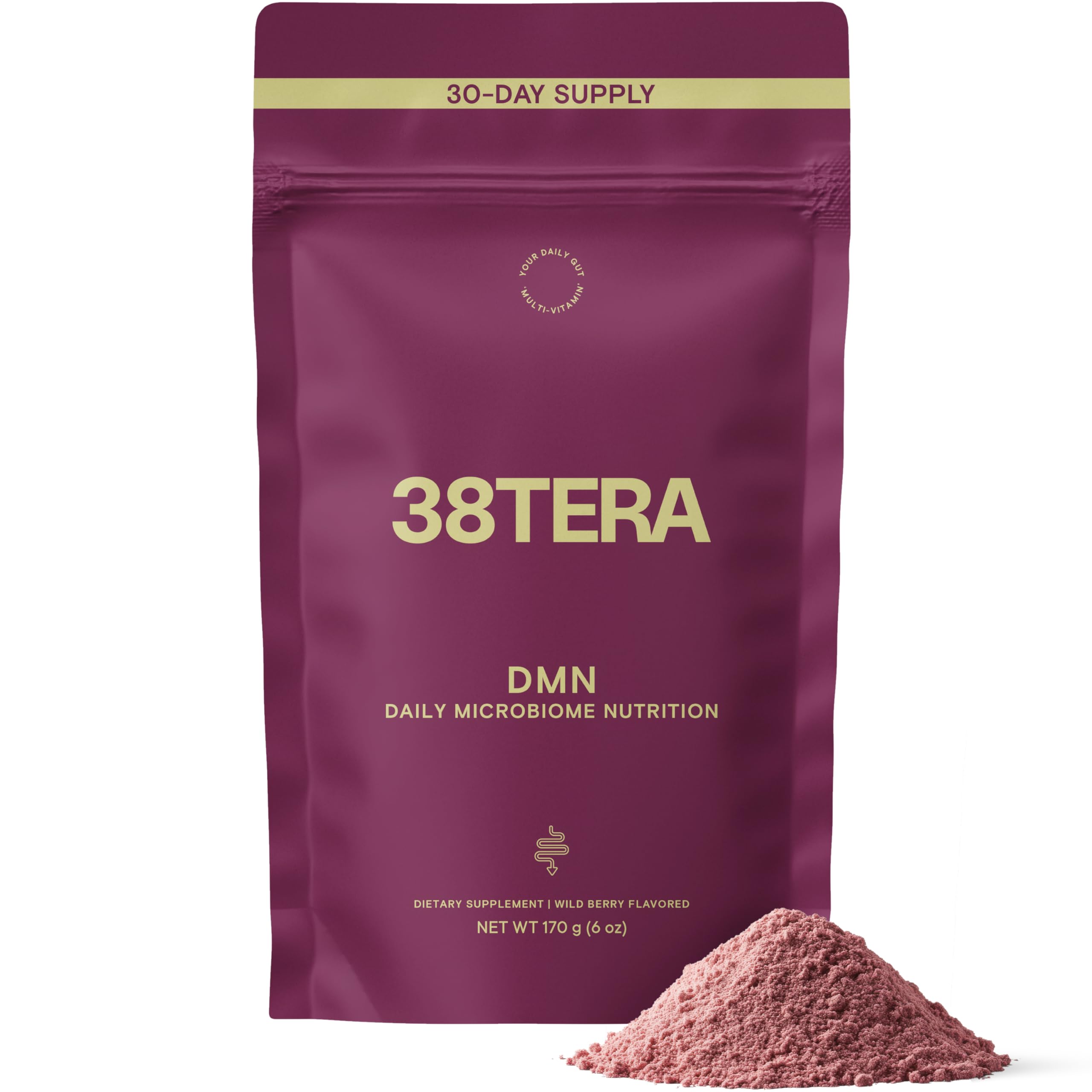 38TERA DMN powder tub front view highlighting daily microbiome support