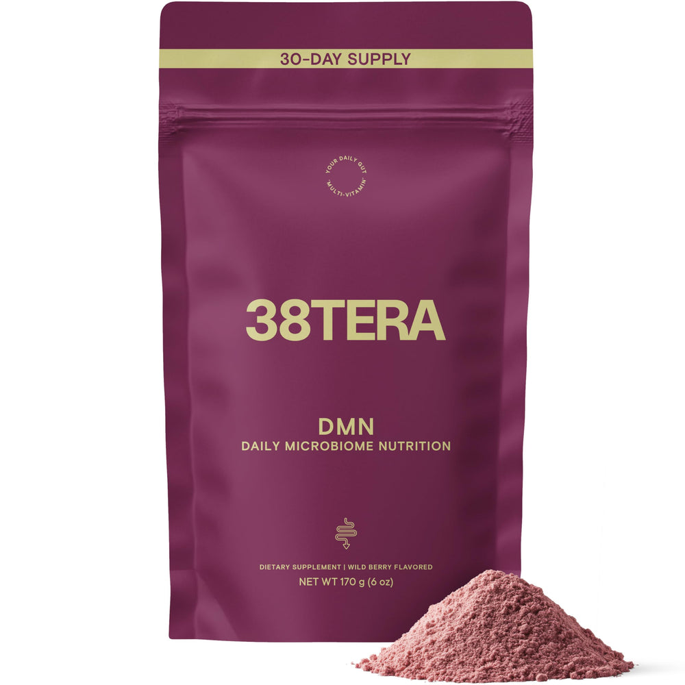 38TERA DMN powder tub front view highlighting daily microbiome support
