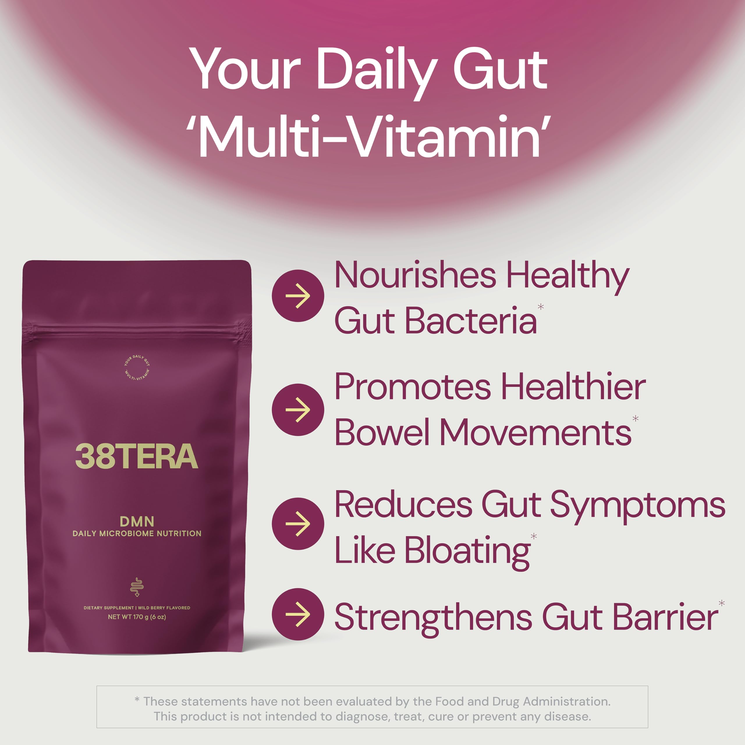 DMN prebiotic blend in glass showing gut balance and fiber mix