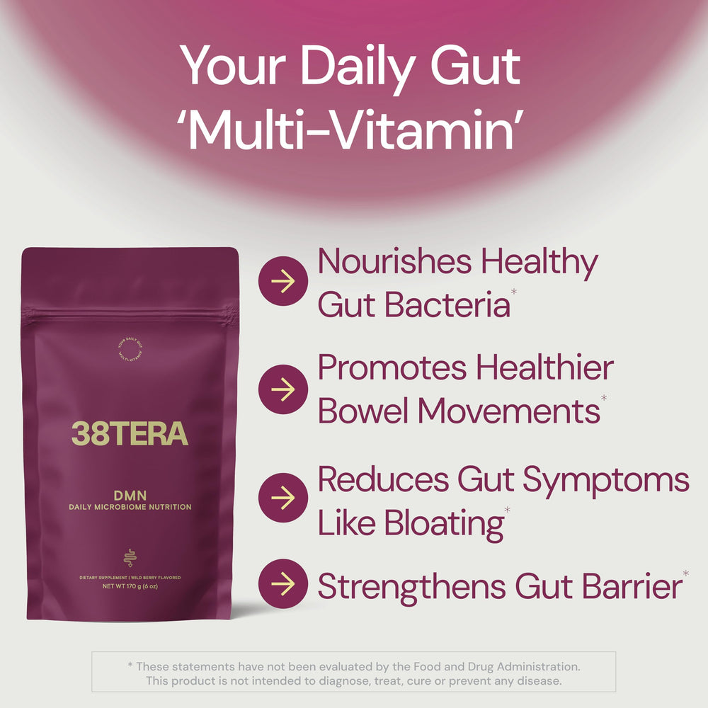 DMN prebiotic blend in glass showing gut balance and fiber mix