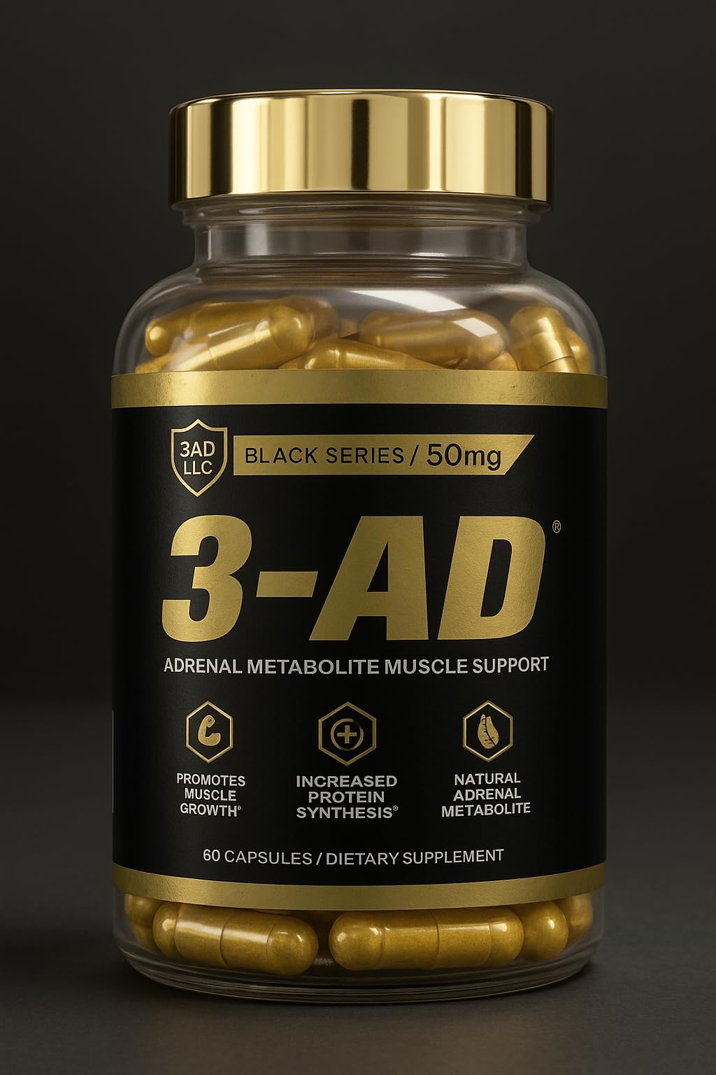3AD Black Series bottle label close-up highlighting the patented adrenal metabolite for performance