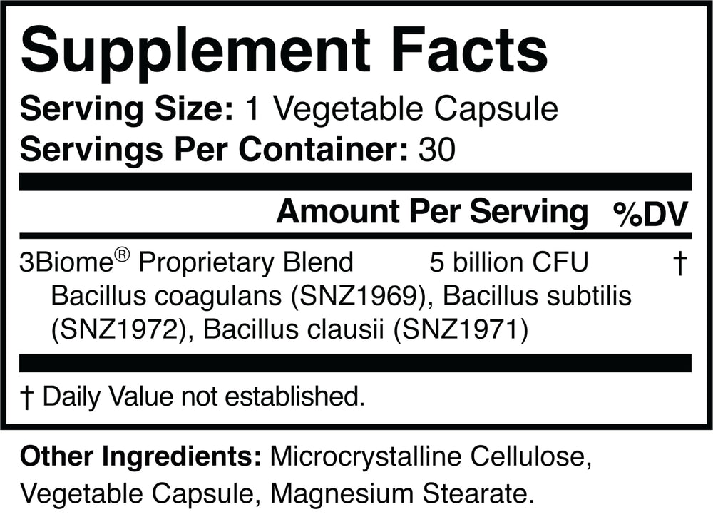 3Biome vegan non-GMO gluten-free label on bottle.