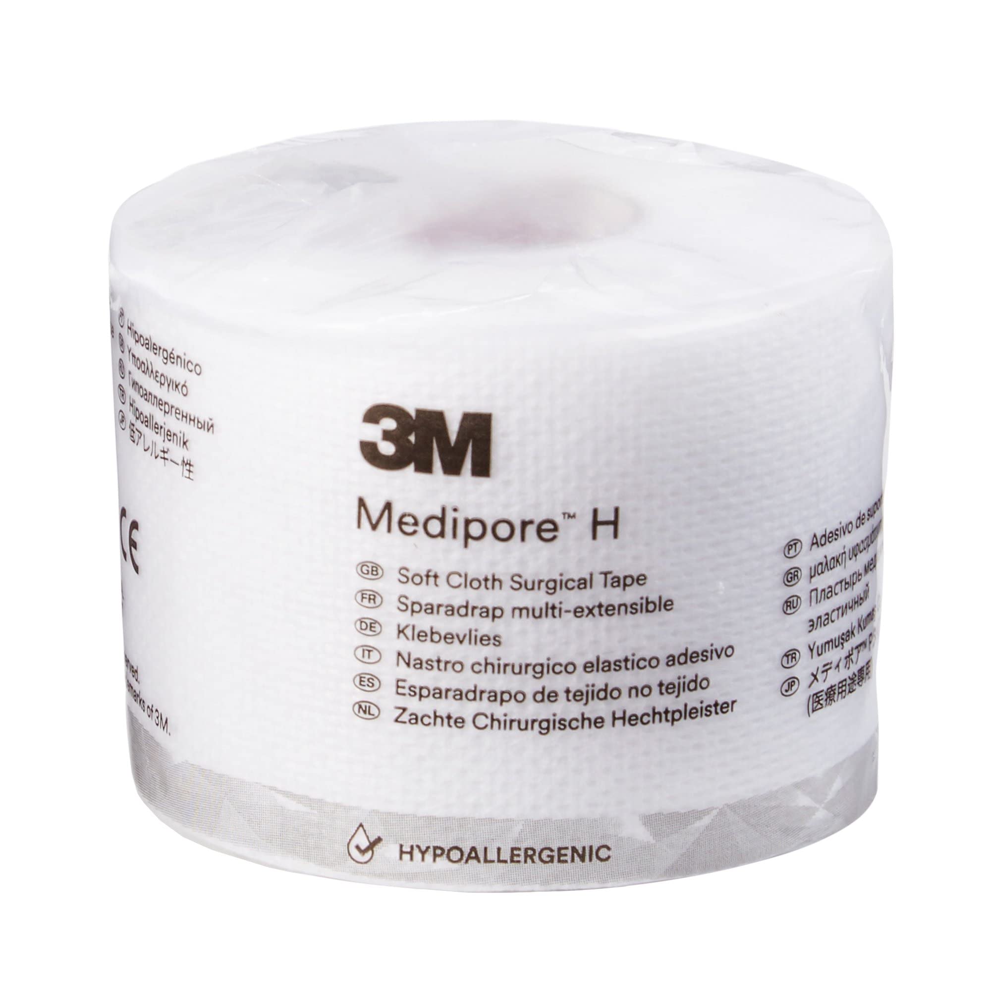 3M Medipore H soft cloth tape rolls in package, easy-tear perforations for quick handling.