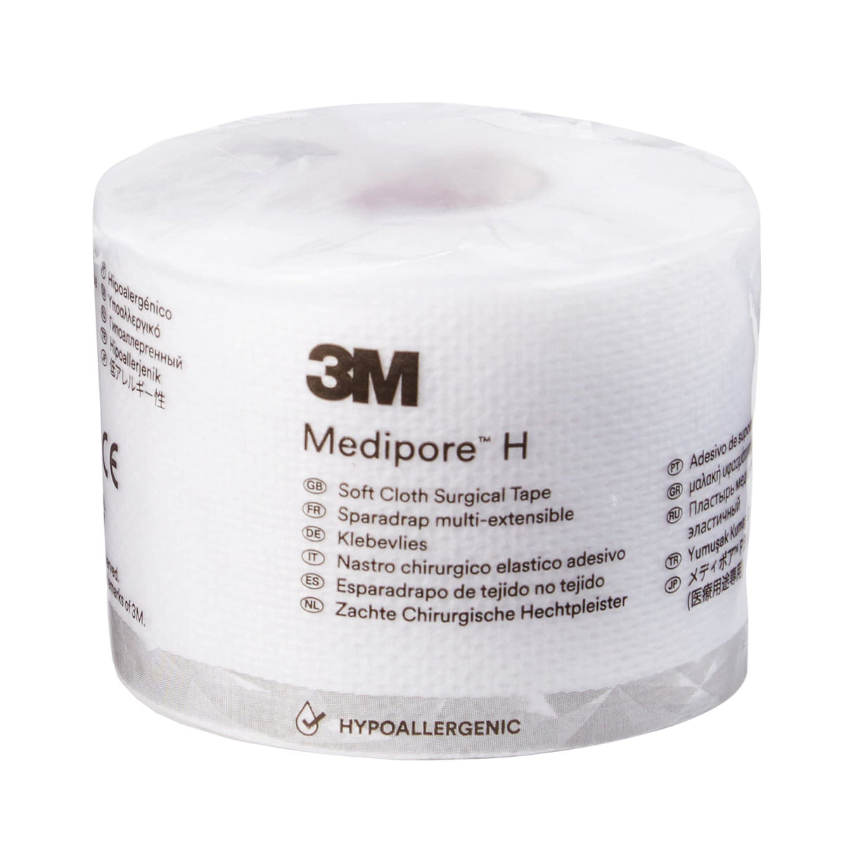 3M Medipore H soft cloth tape rolls in package, easy-tear perforations for quick handling.