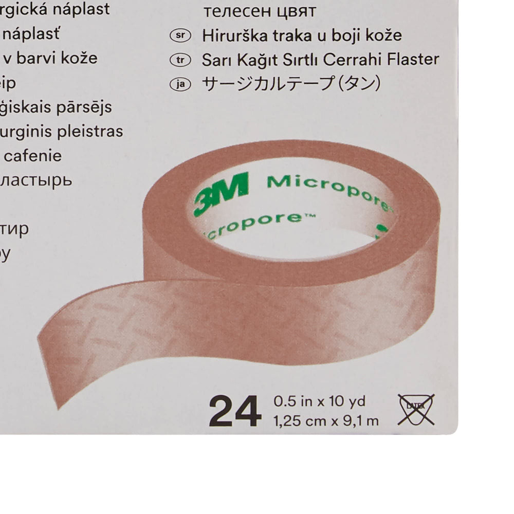 3M Micropore tan tape secures light dressings on damp skin