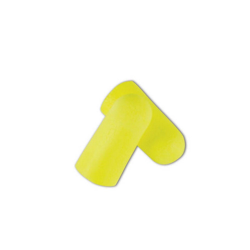 Close-up of neon-yellow foam earplugs highlighting tapered shape and comfort