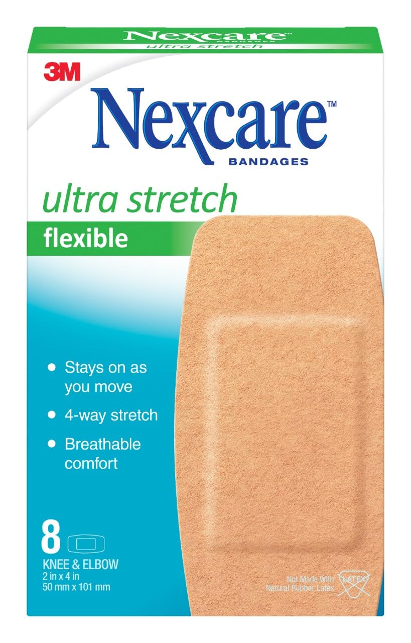 Nexcare Soft ’n Flex bandage on knee supports flexible movement.