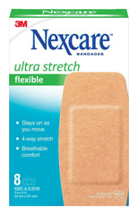 Nexcare Soft ’n Flex bandage on knee supports flexible movement.