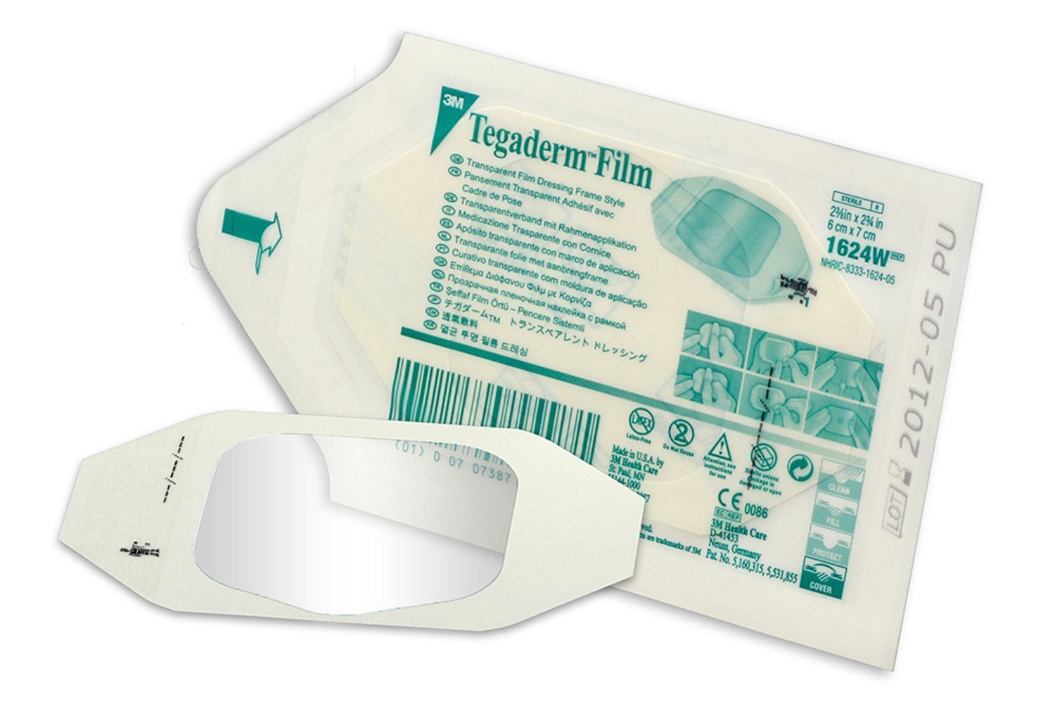3M Tegaderm 1624W transparent dressing in window frame box protects wounds with breathability.