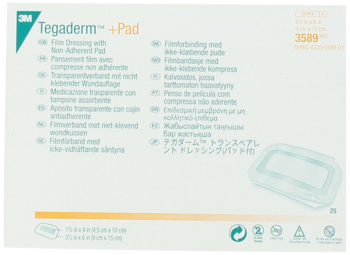 3M Tegaderm +Pad film dressing close-up showing the non-adherent pad protecting the wound