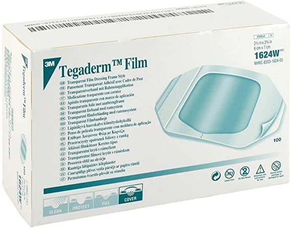 3M Tegaderm transparent dressing film protects catheter sites with a breathable barrier.