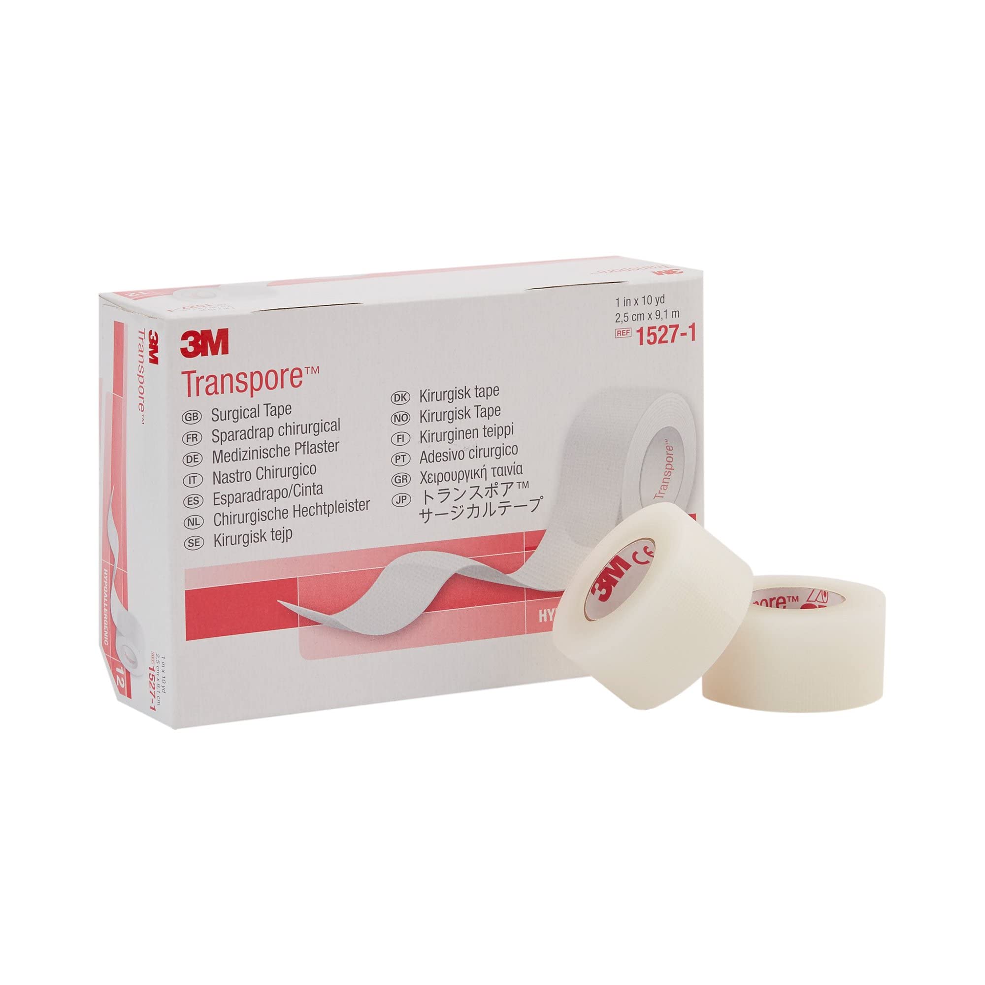 3M Transpore Surgical Tape roll secures dressings with reliable adhesion.