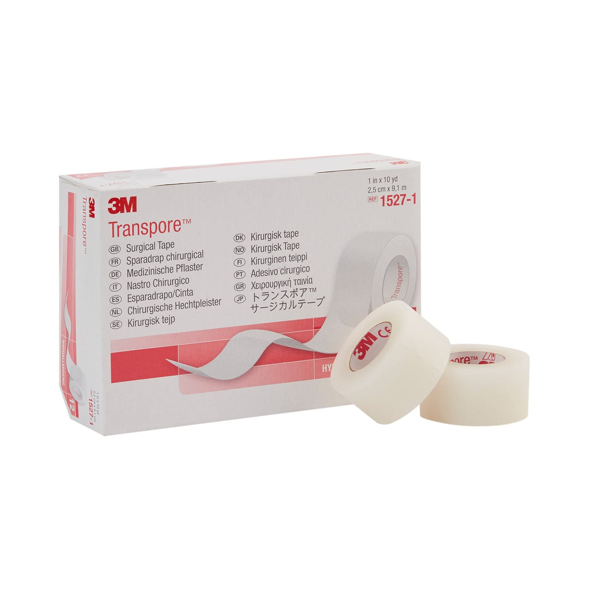 3M Transpore Surgical Tape roll secures dressings with reliable adhesion.