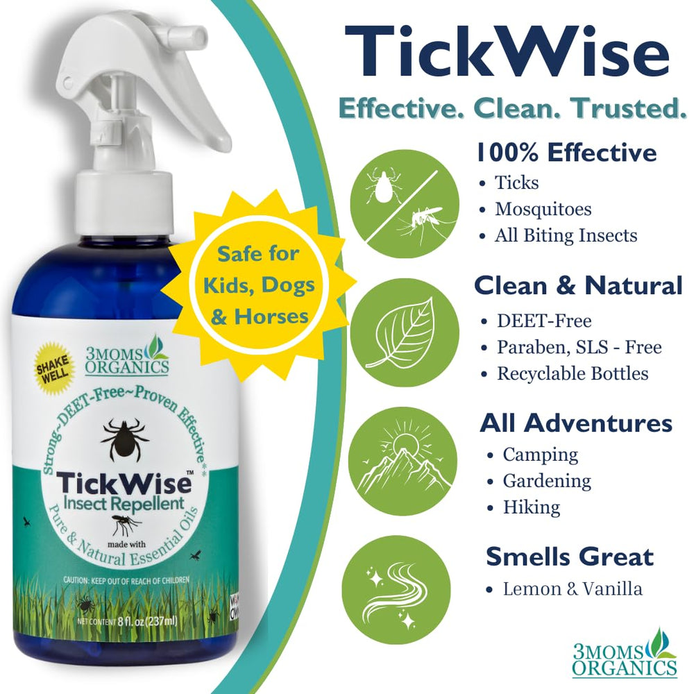 3MOMS ORGANICS TickWise bottle back showing ingredients and usage directions