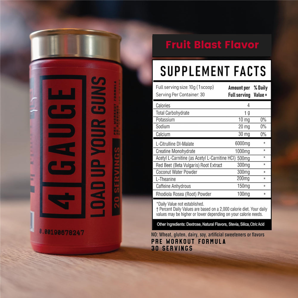 Close-up of nutrition label on 4 Gauge tub emphasizing natural ingredients and low carb