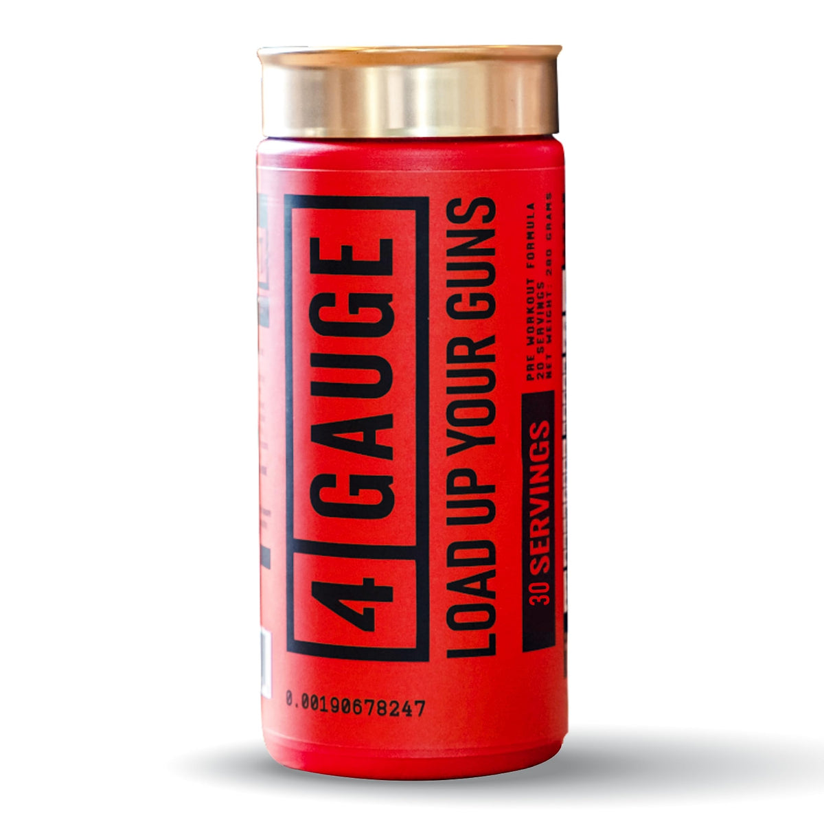 4 Gauge Explosive Preworkout tub front view with Fruit Blast flavor and clean ingredients