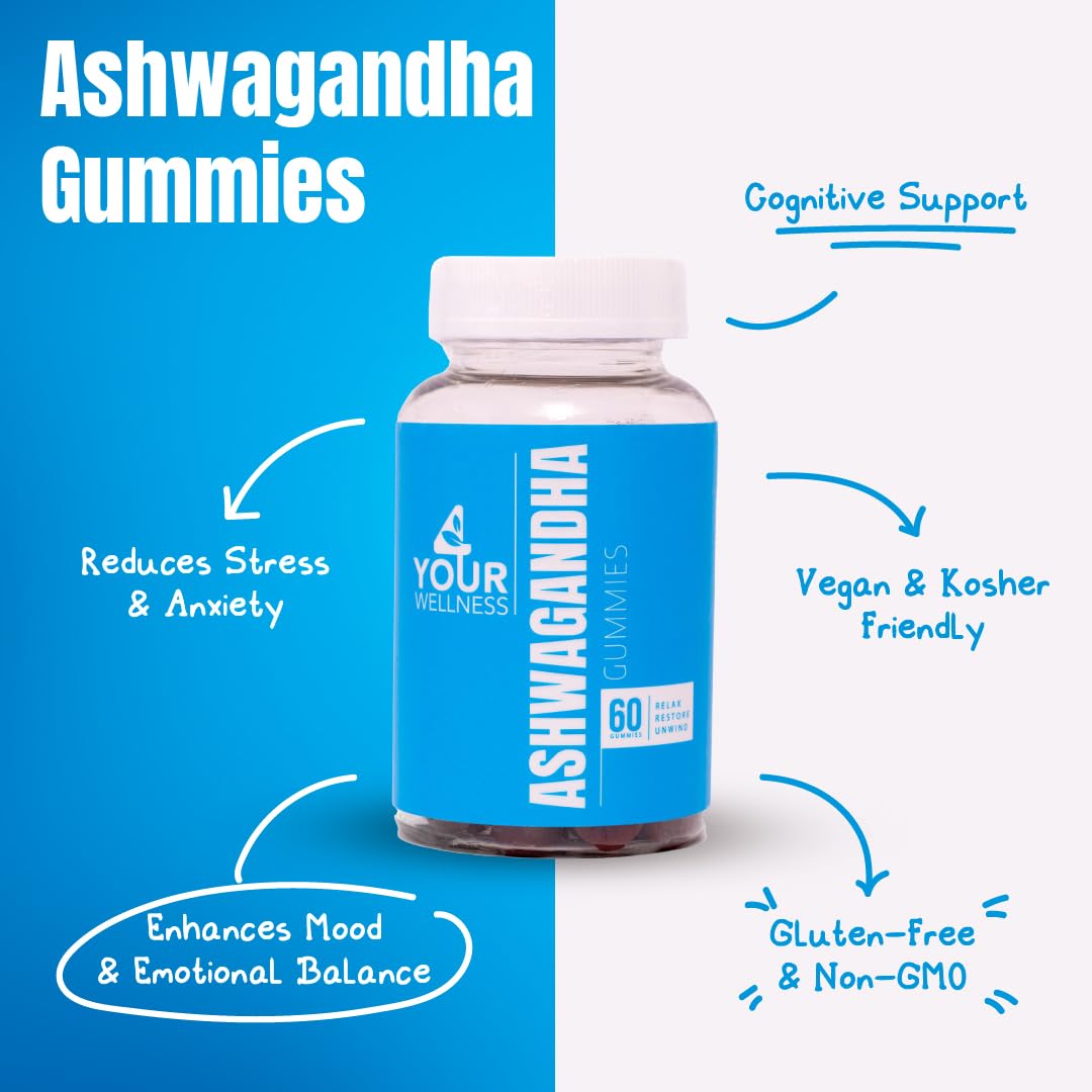 4 Your Wellness Ashwagandha Gummies close-up with Lion's Mane for focus.