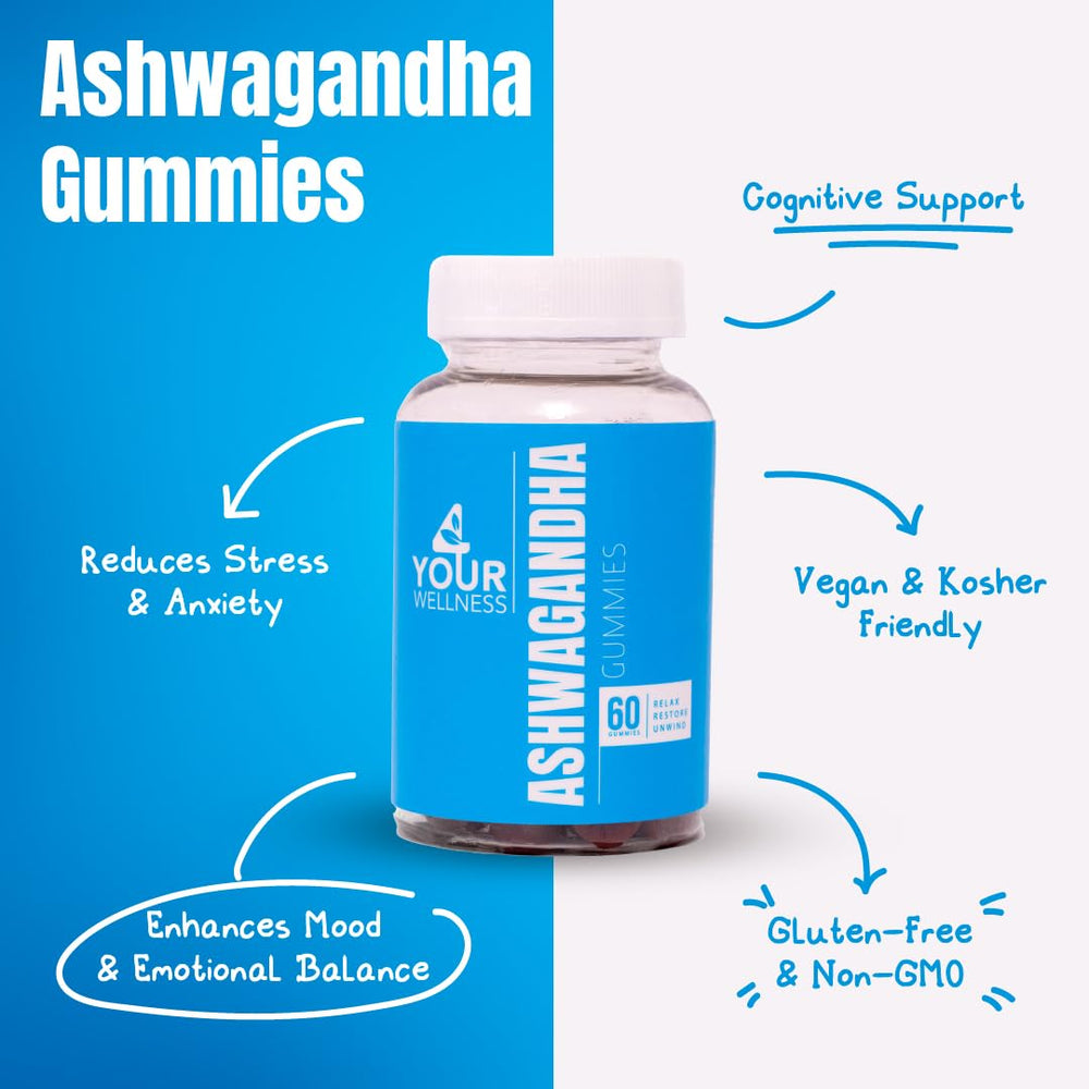 4 Your Wellness Ashwagandha Gummies close-up with Lion's Mane for focus.