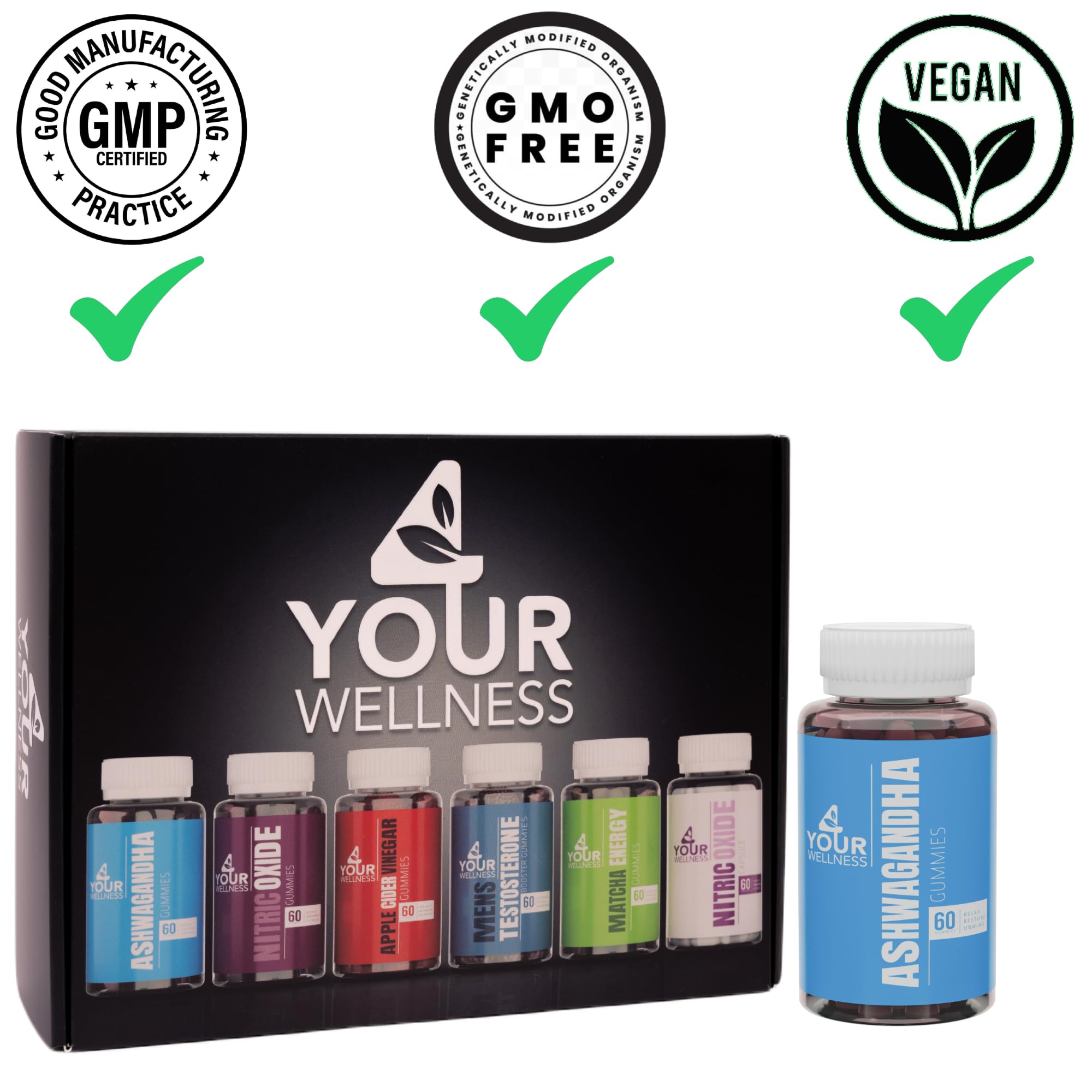 4 Your Wellness Ashwagandha Gummies vegan gluten-free kosher non-GMO label.