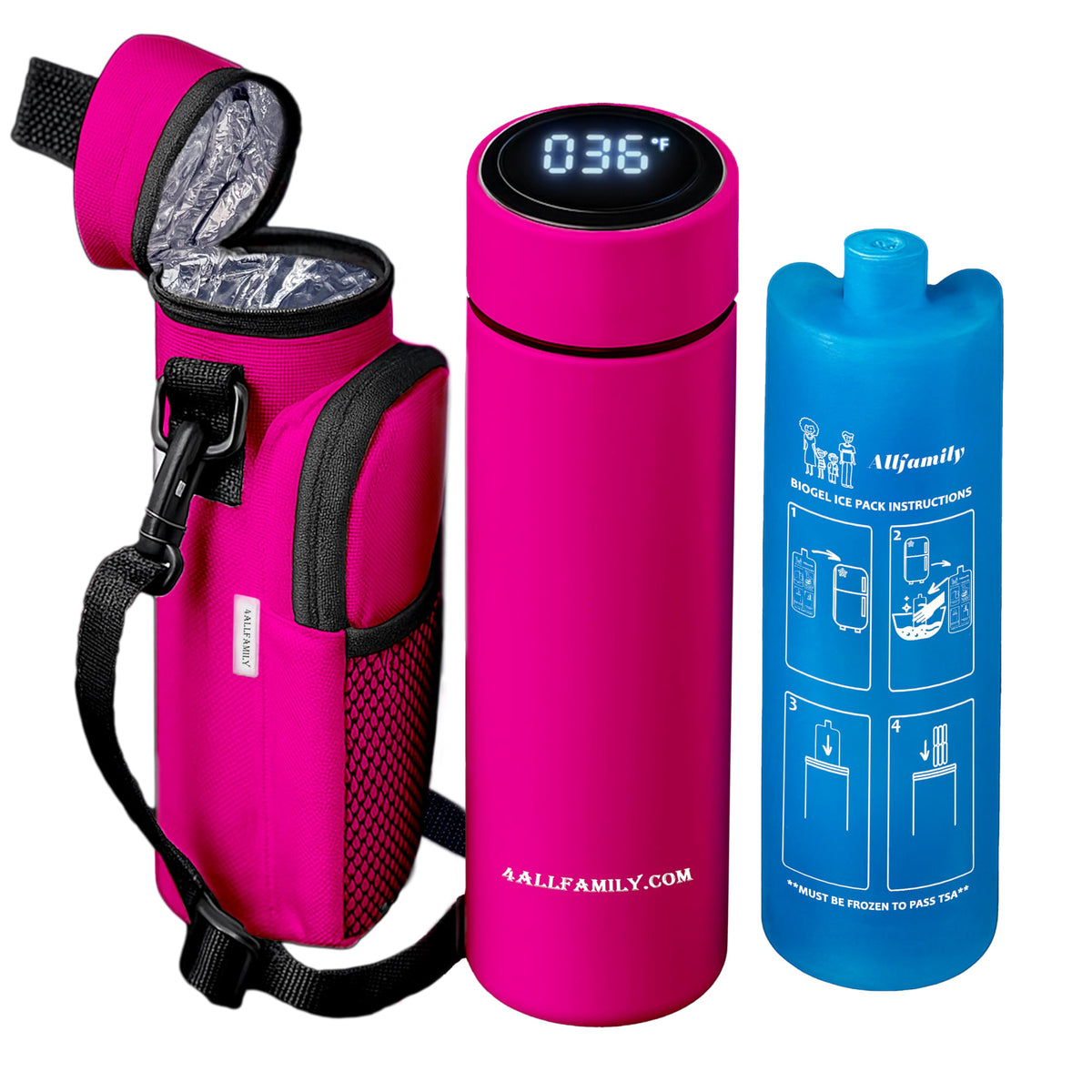 4ALLFAMILY Nomad Medium Pro insulin cooler pink, front view, keeps meds secure on the go.