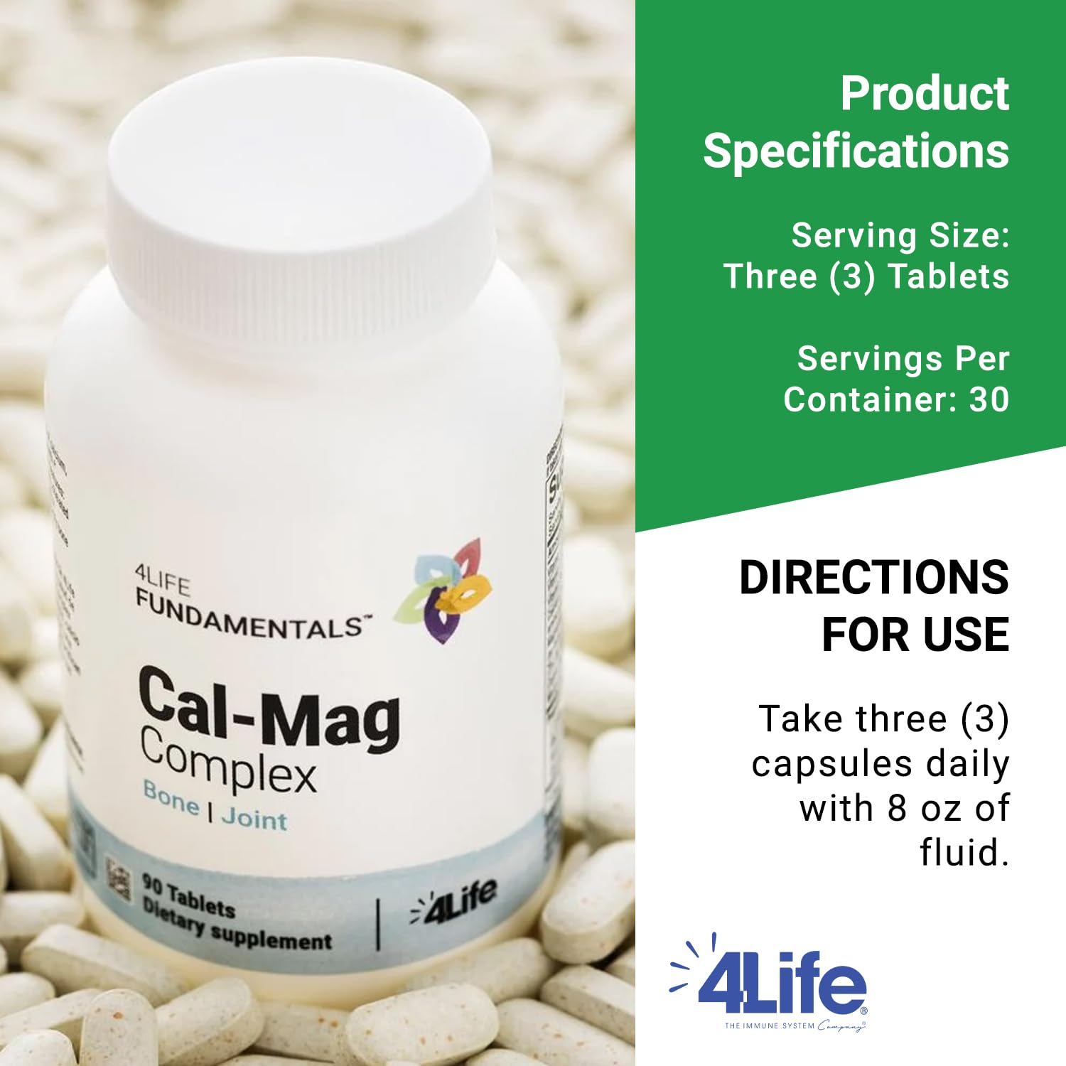 4Life Cal-Mag Complex tablets dispensing from bottle for regular use