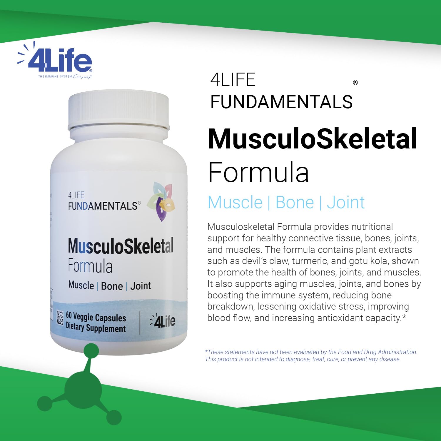 4Life Musculoskeletal Formula uses gotu kola for connective tissue support in daily activities.