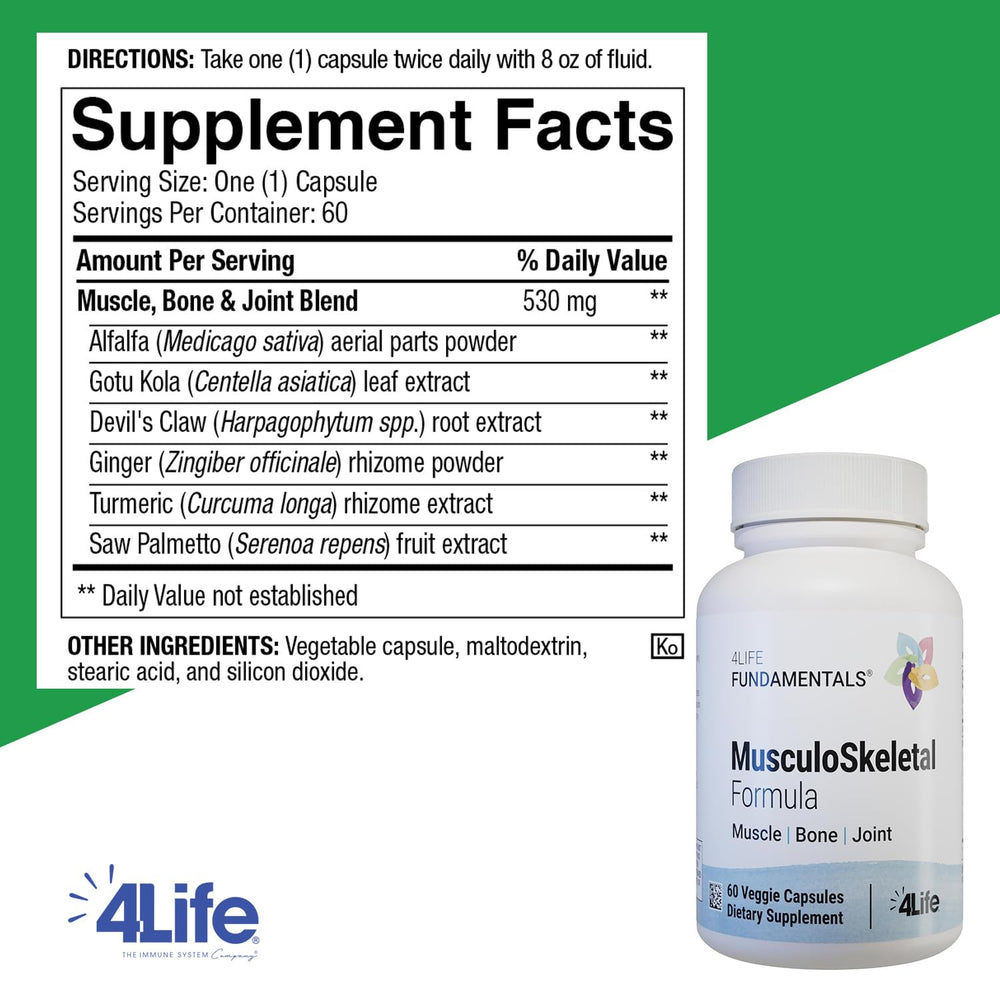4Life Musculoskeletal Formula capsules highlight turmeric support for everyday mobility.