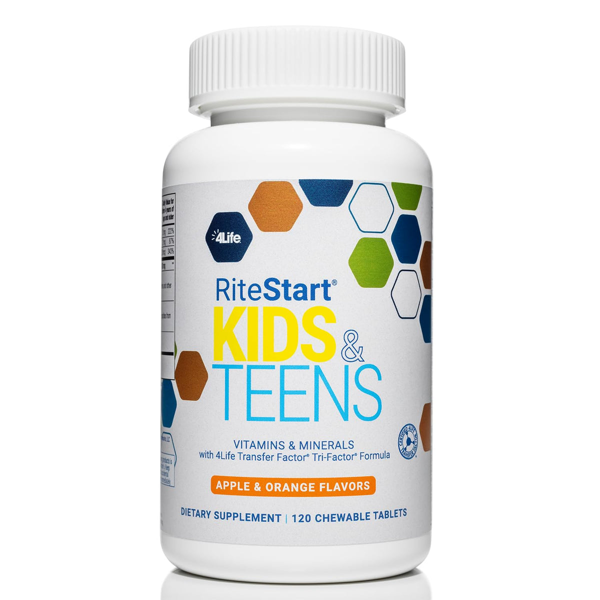 4Life RiteStart Kids Apple bottle label shows branding and supplement details for daily use