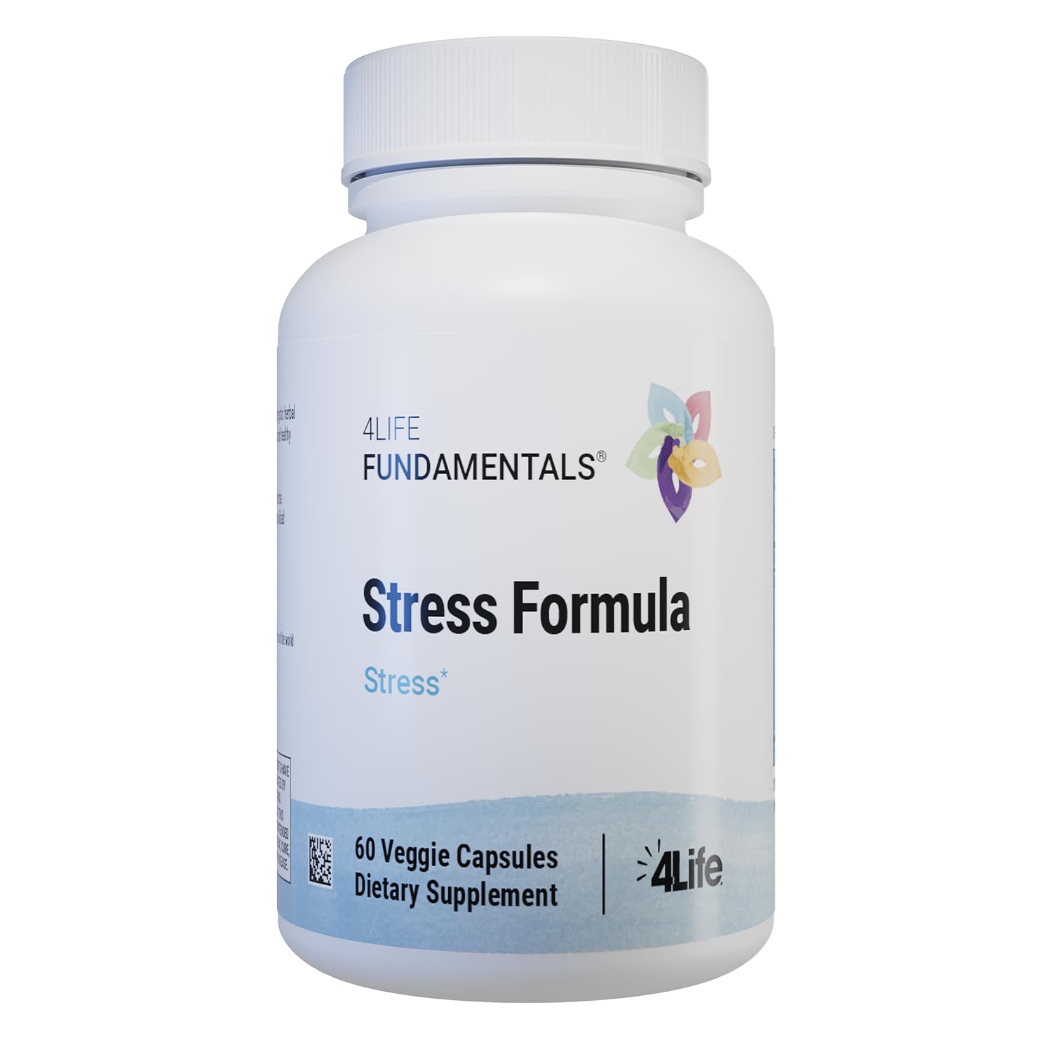 4Life Stress Formula bottle front shows a calming herbal supplement for restful evenings