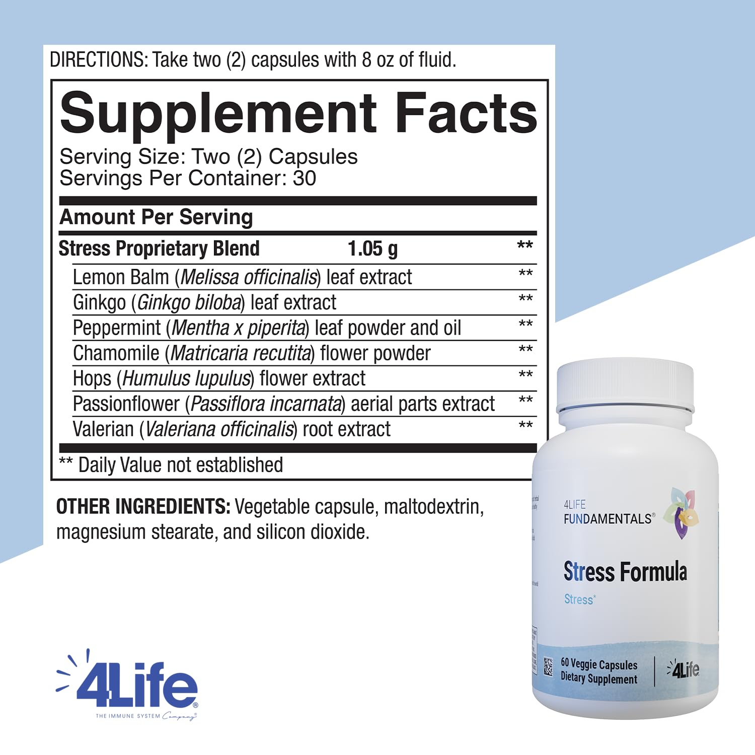 4Life Stress Formula capsules closeup highlights valerian and chamomile ingredients