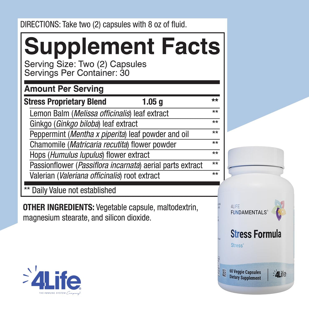 4Life Stress Formula capsules closeup highlights valerian and chamomile ingredients