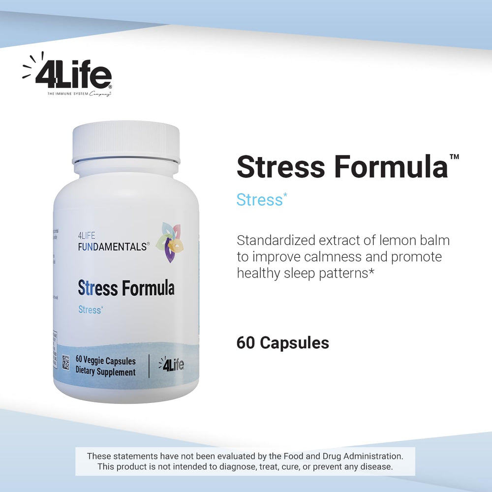 4Life Stress Formula label detail emphasizes lemon balm and herbal blend