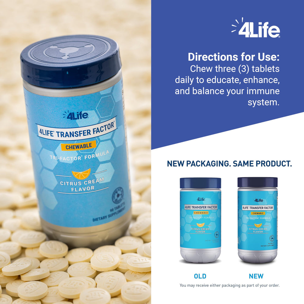 Close-up of 90 chewable tablets in a container emphasizing 4Life citrus cream flavor