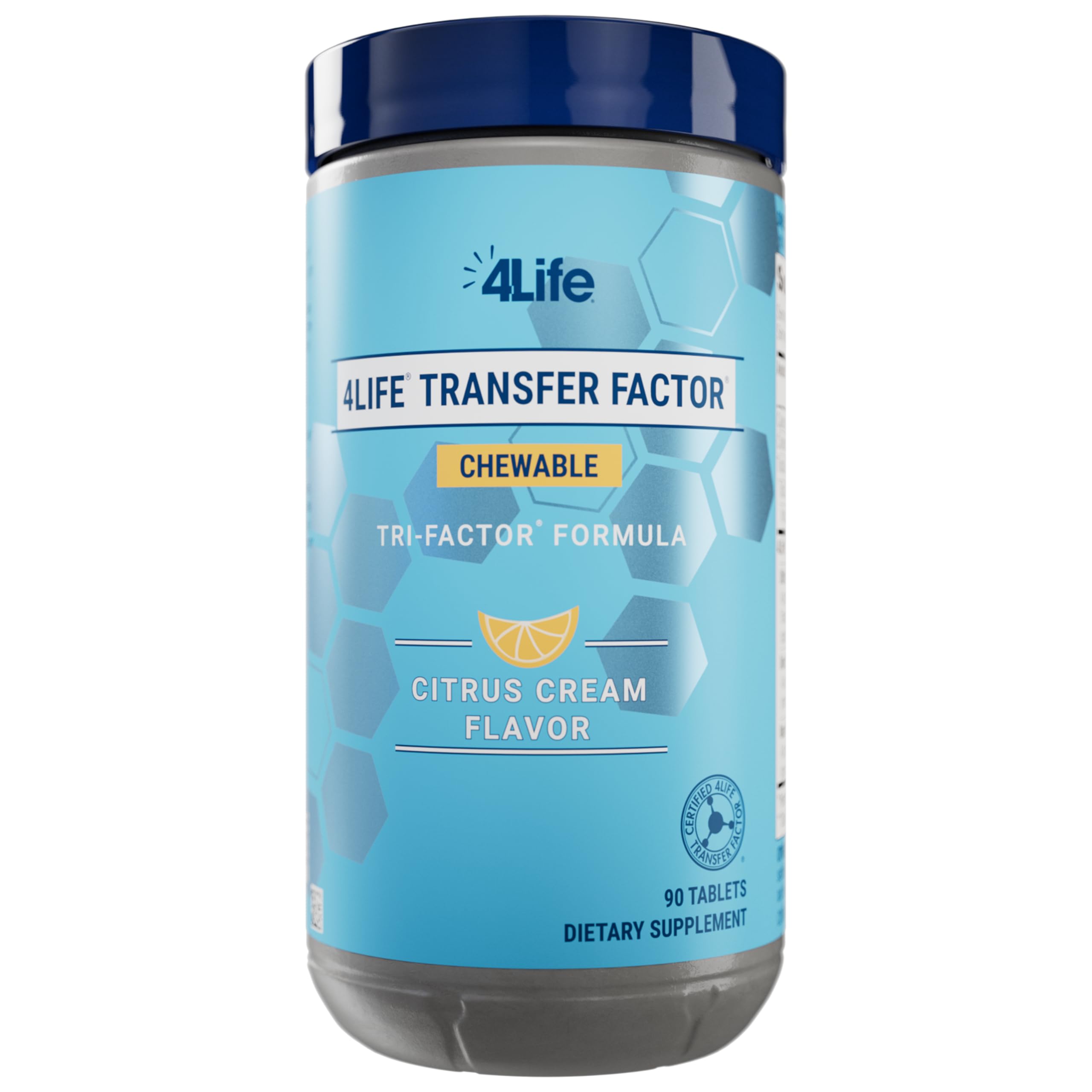 4Life Transfer Factor chewables bottle close-up highlighting citrus cream flavor and convenient daily immune support