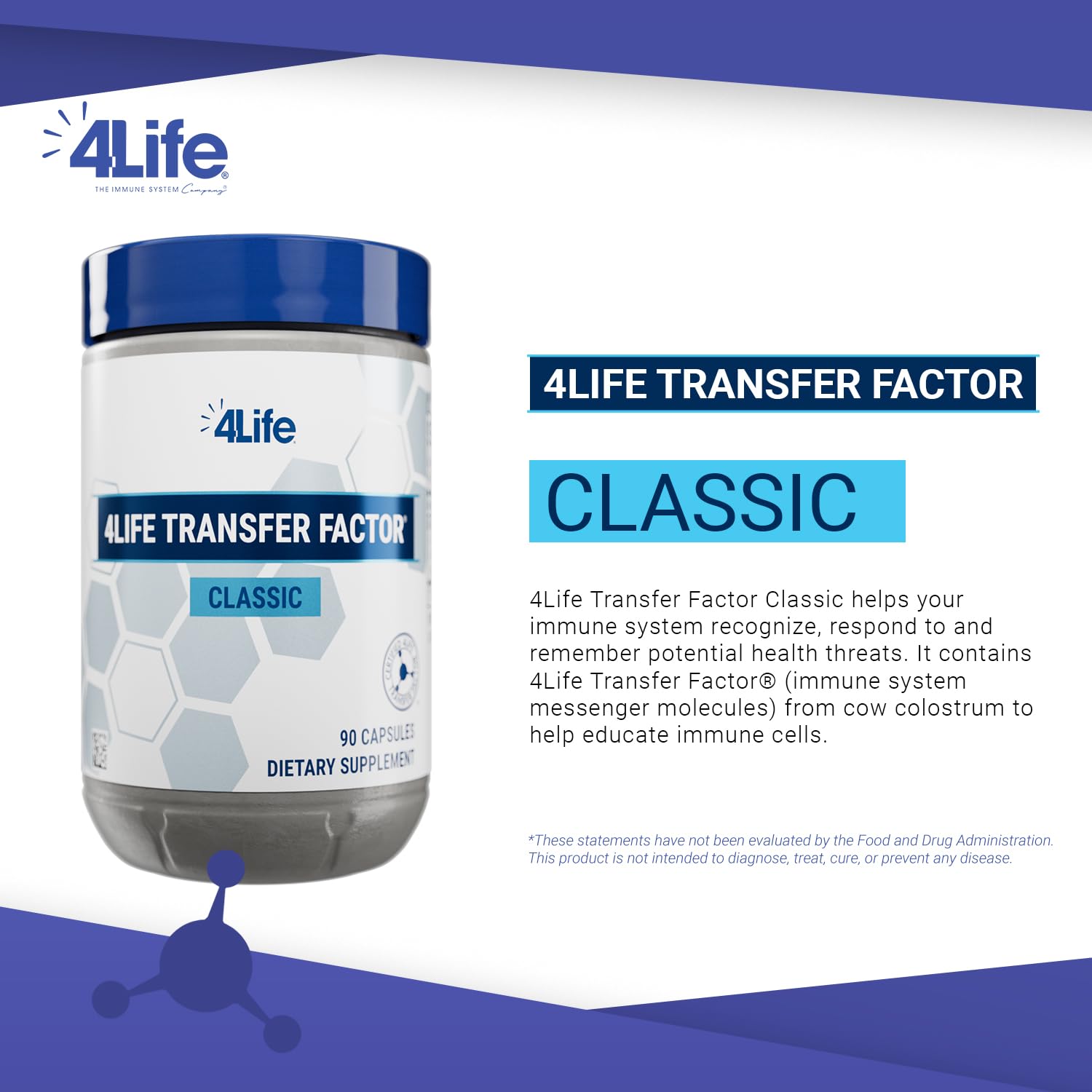 Label close-up of 4Life Transfer Factor Classic highlighting cow colostrum source