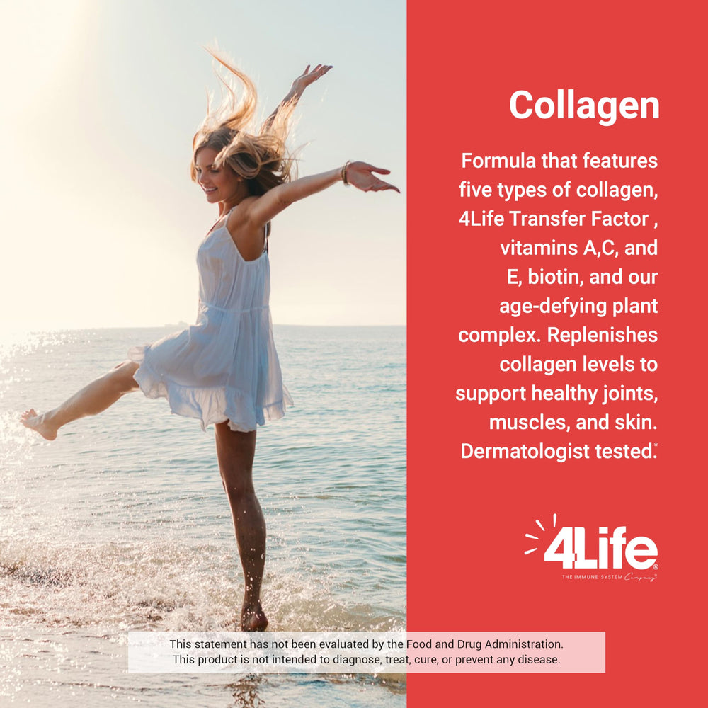4Life Transfer Factor Collagen label closeup shows ingredients and benefits.