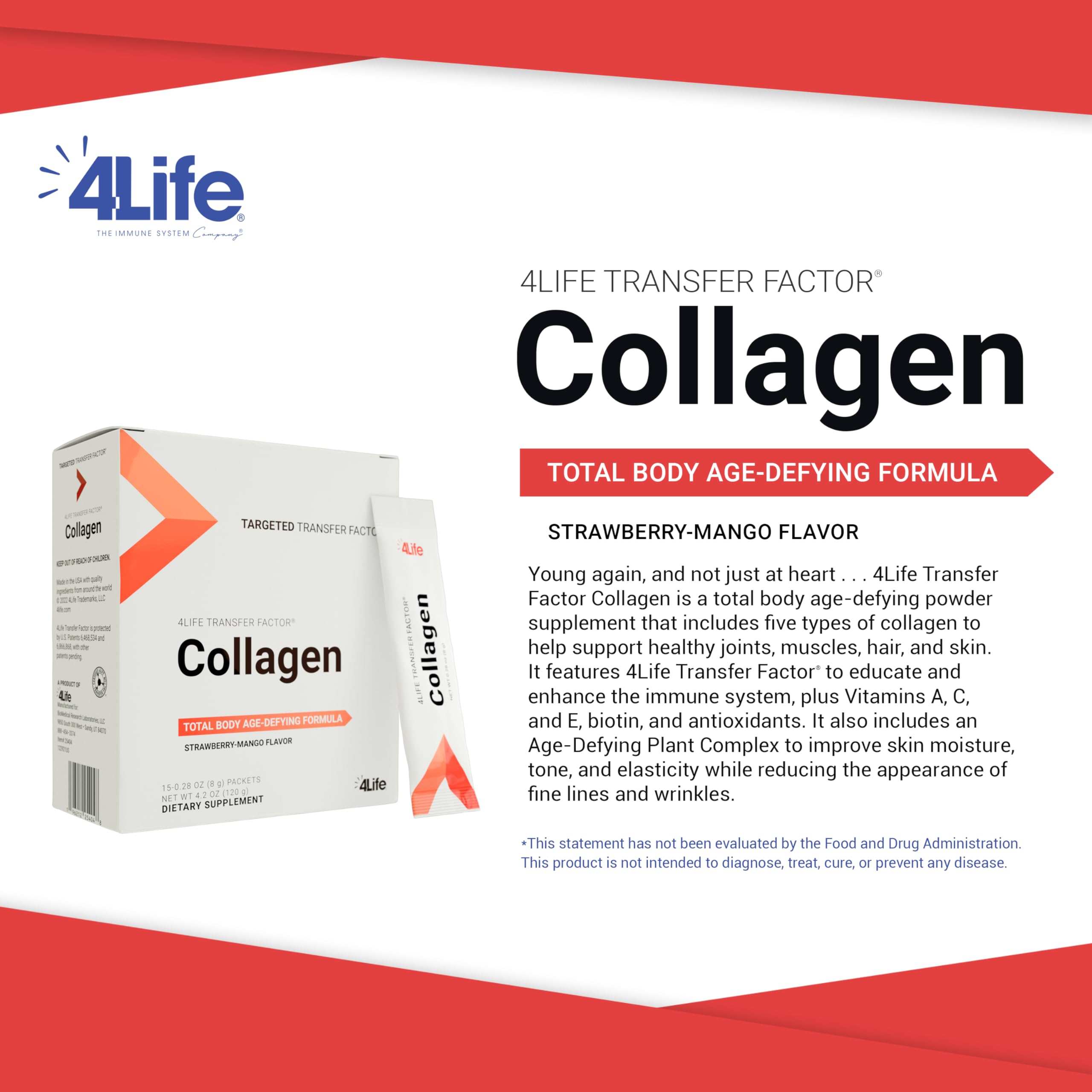 4Life Transfer Factor Collagen packaging box highlights easy daily use.