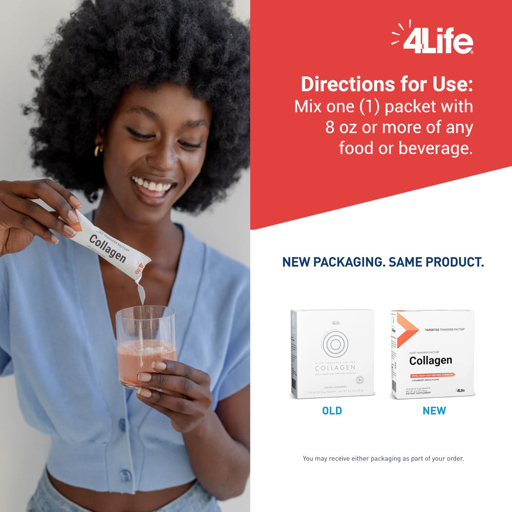 4Life Transfer Factor Collagen serving packets for on-the-go skincare routines.