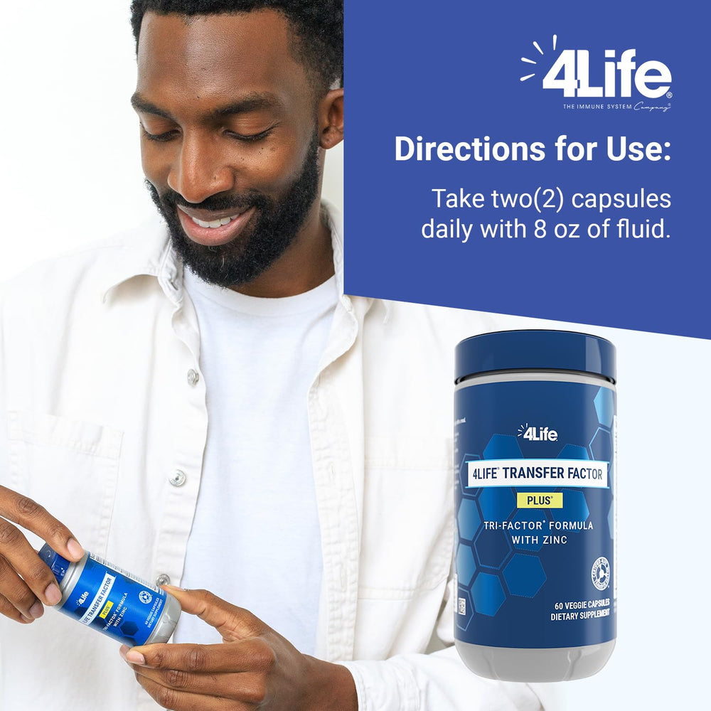 4Life Transfer Factor Plus bottle pours capsules, illustrating simple daily ingestion.