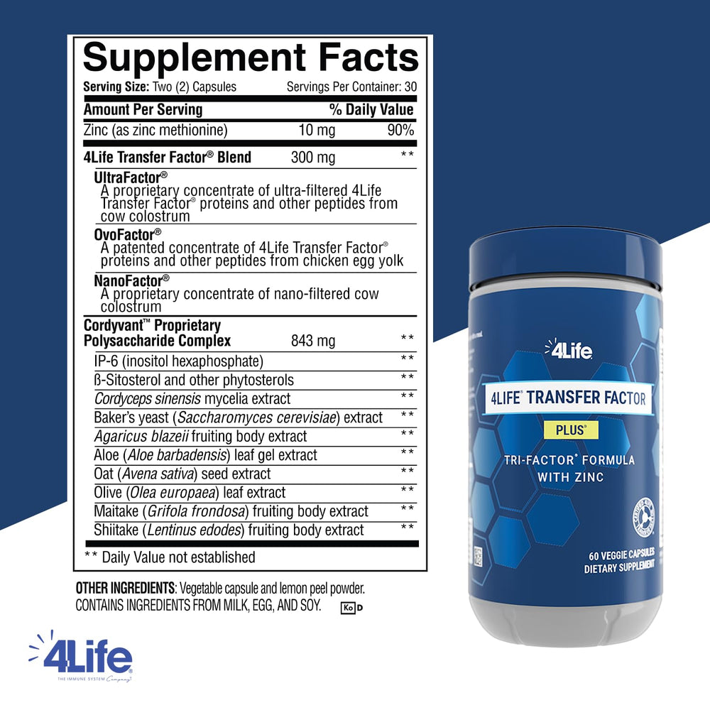 4Life Transfer Factor Plus Zinc capsules close-up show vegetarian-friendly daily support.