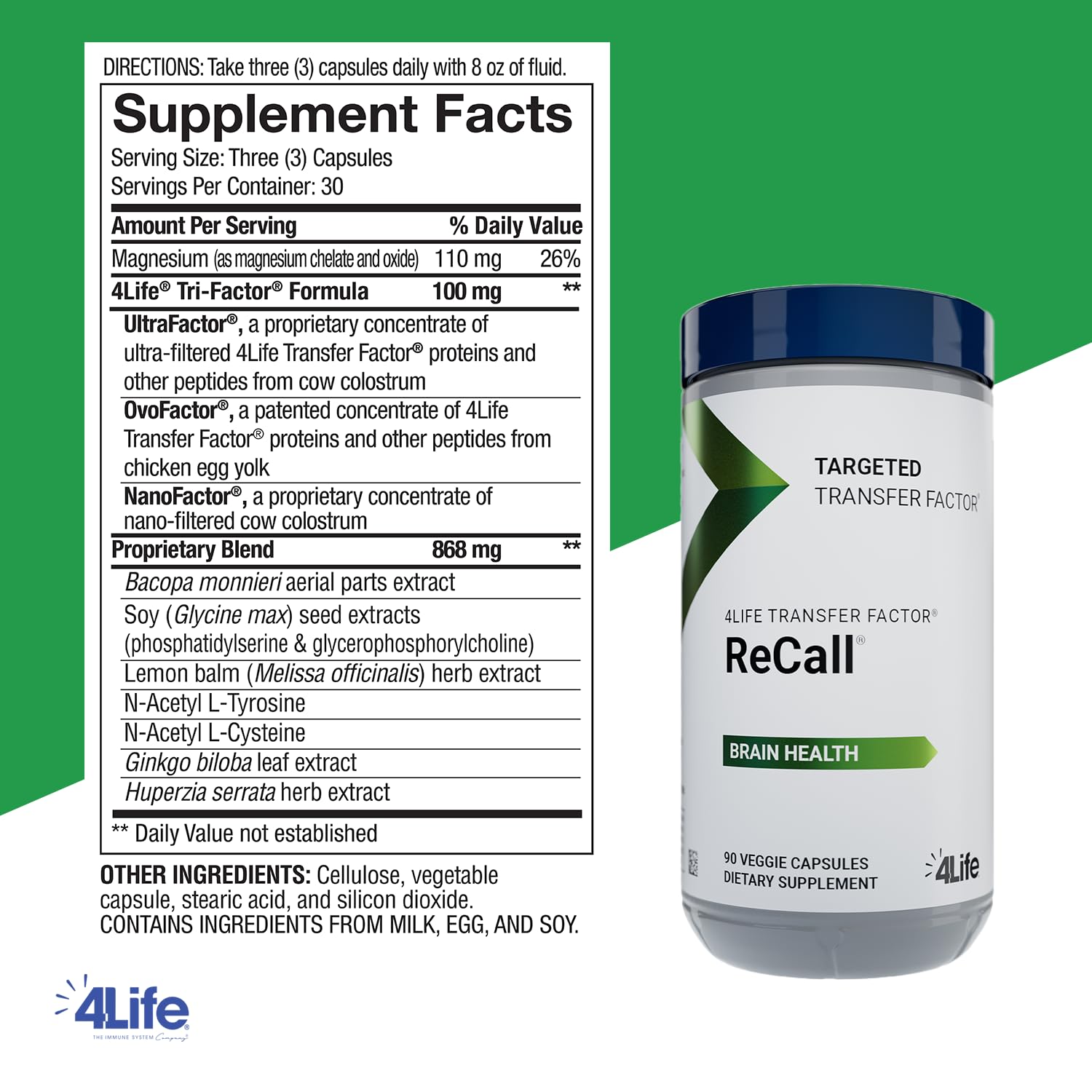 4Life Transfer Factor Recall bottle label highlighting cognitive-support ingredients