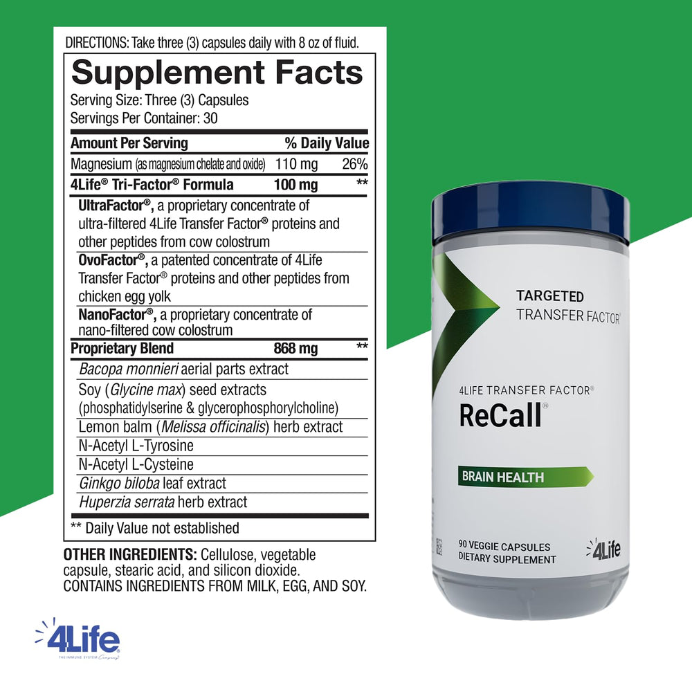 4Life Transfer Factor Recall bottle label highlighting cognitive-support ingredients