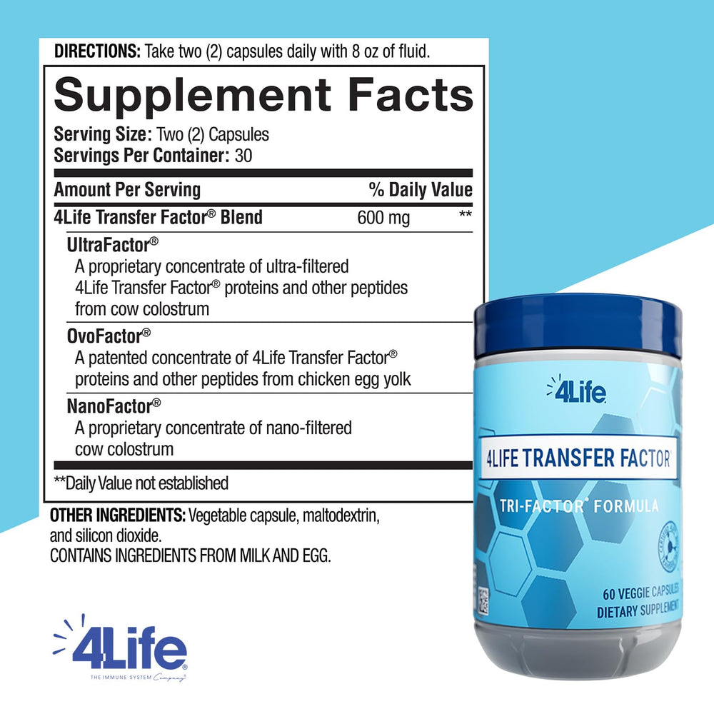 4Life Transfer Factor Tri-Factor bottle back with ingredient details for informed use