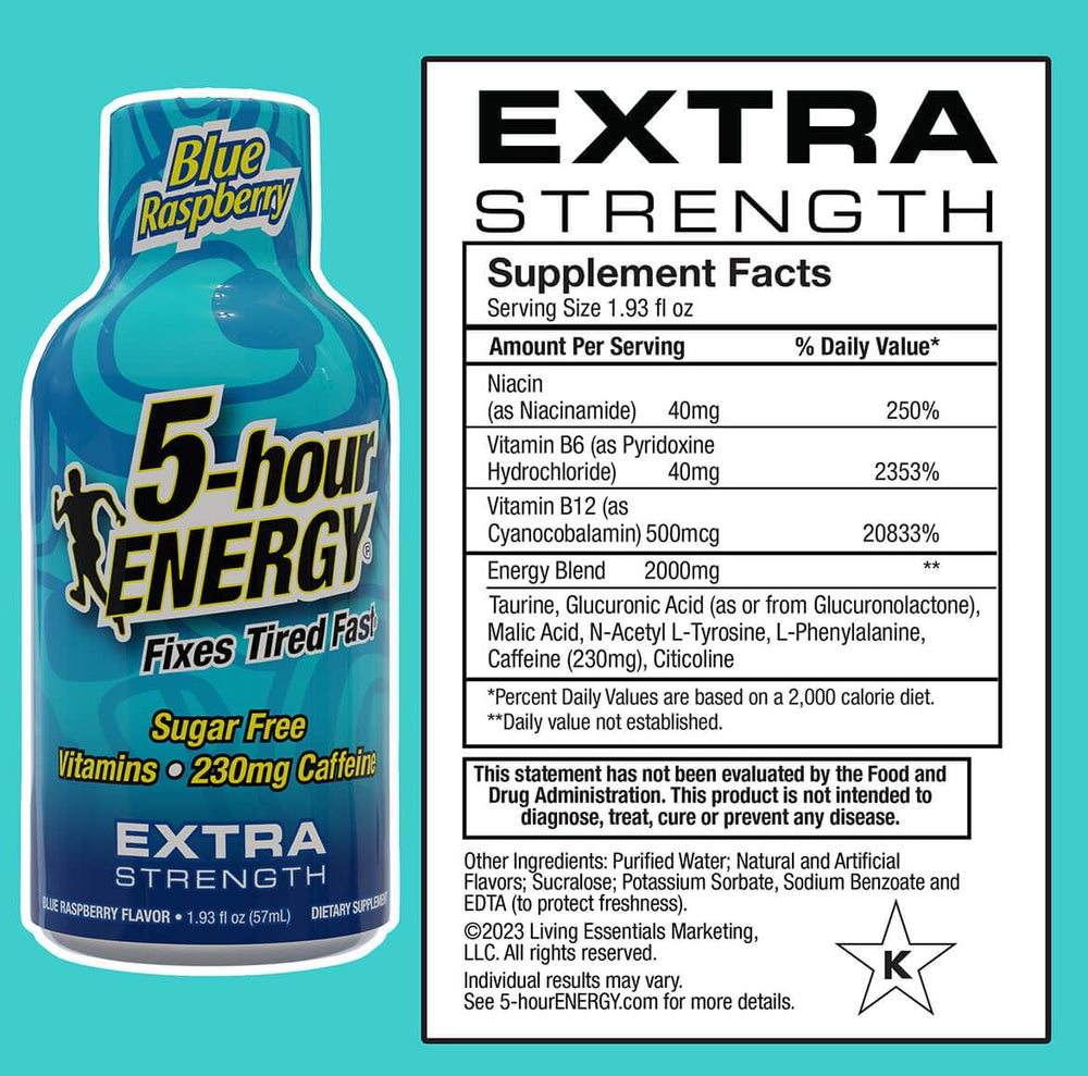 5-hour ENERGY Blue Raspberry Shot bottle closeup highlights zero calories and flavor