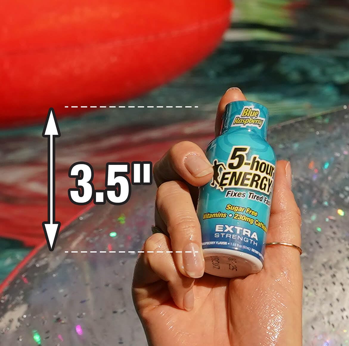 5-hour ENERGY Blue Raspberry Shot on table shows compact energy option