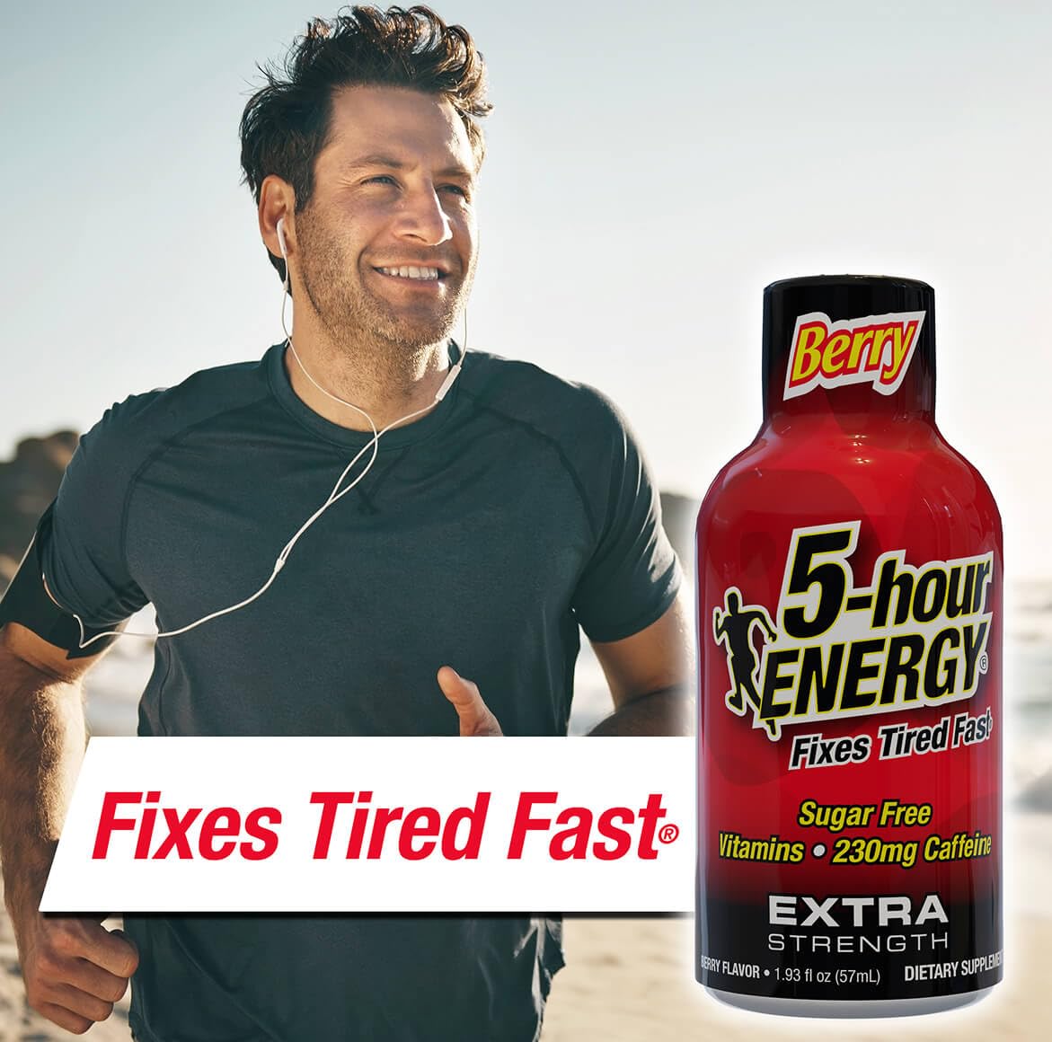5-hour ENERGY Extra Strength Berry packaging highlights zero calories and sugar-free formula.