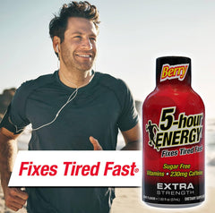 5-hour ENERGY Extra Strength Berry packaging highlights zero calories and sugar-free formula.