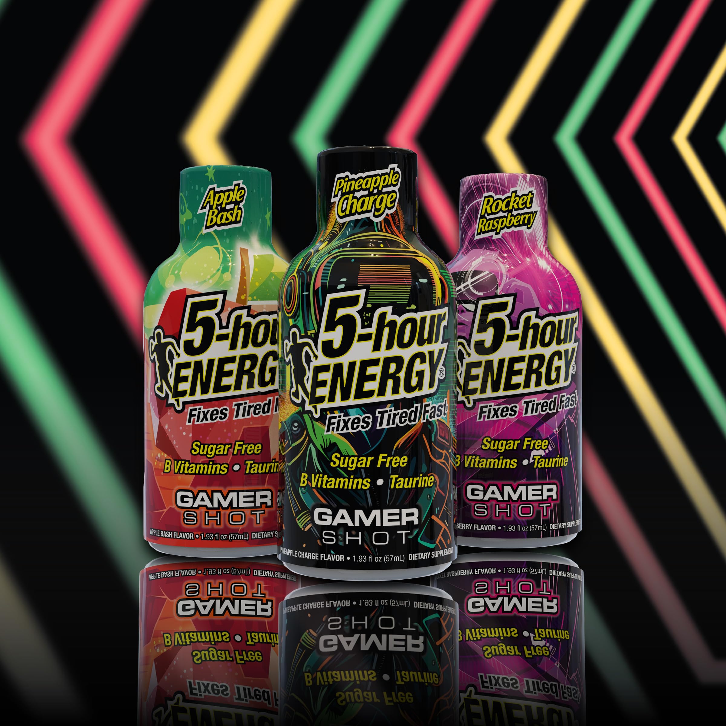 5-hour ENERGY Gamer Shots logo with product shot emphasizes zero sugar benefit.